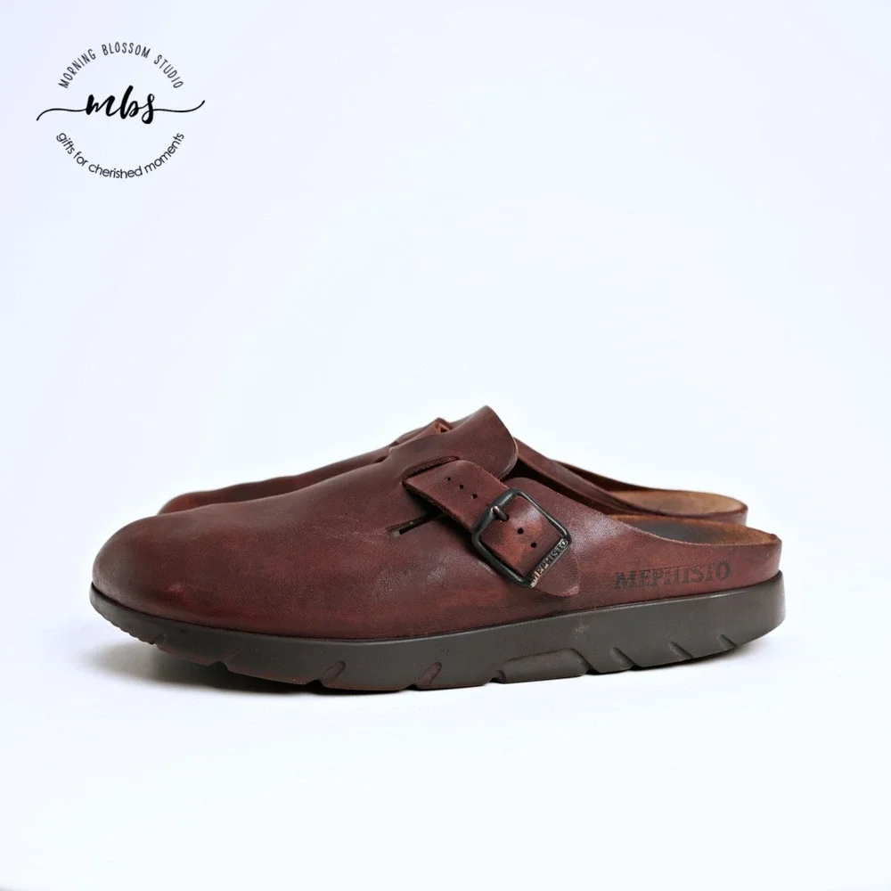 Mephisto Distressed Leather Adjustable Buckle Slide Clog Mules Brown Men 10.5